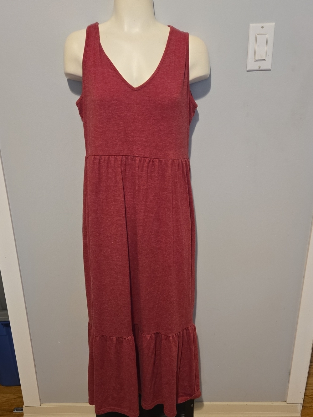 V-Neck Sleeveless Tiered Maxi Dress in Brick Red